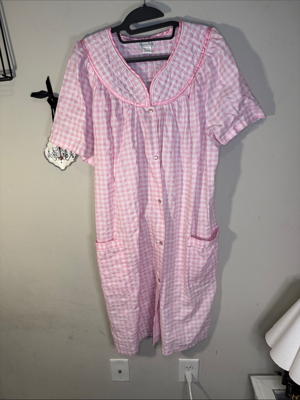 Pink Gingham Short-Sleeve Button Front Nightgown